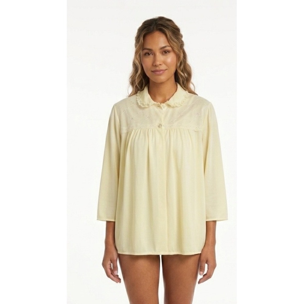 Vintage Philmaid Bed Jacket Pale Yellow Embroidered Lace Trim Nylon Large